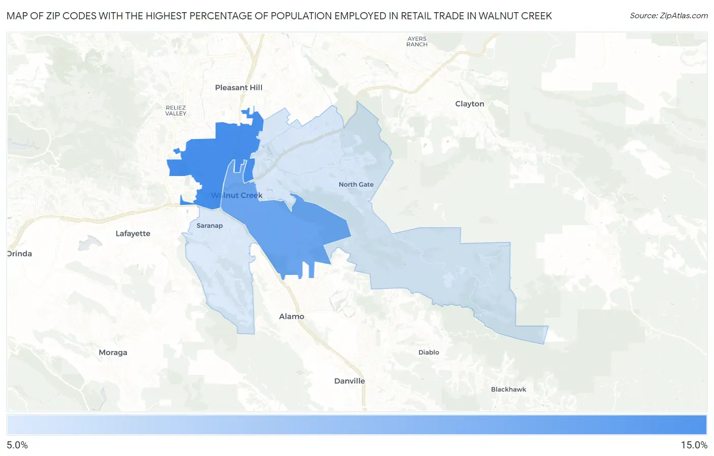Zip Codes with the Highest Percentage of Population Employed in Retail Trade in Walnut Creek Map