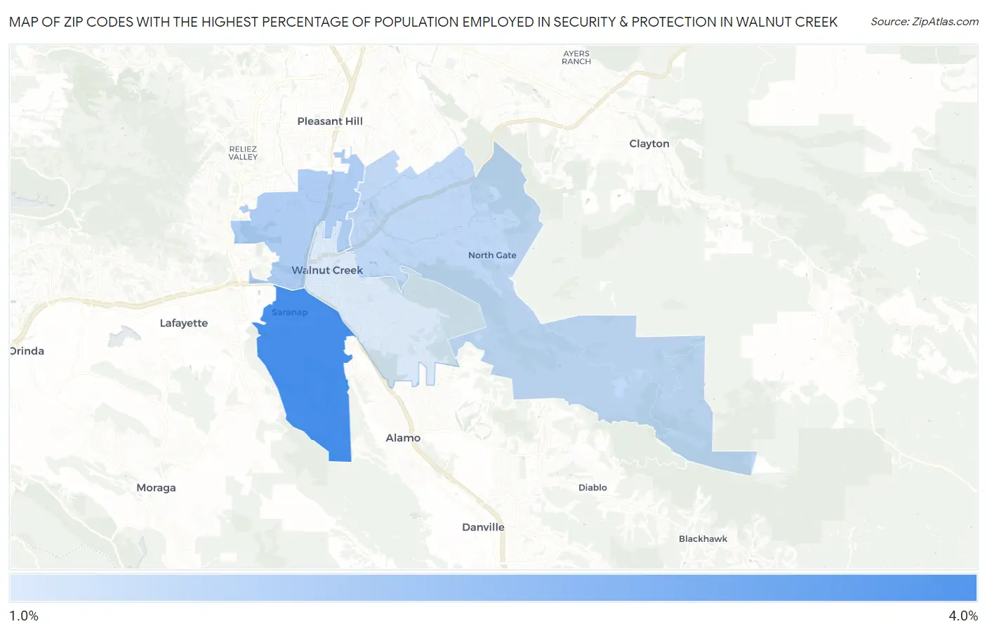 Zip Codes with the Highest Percentage of Population Employed in Security & Protection in Walnut Creek Map