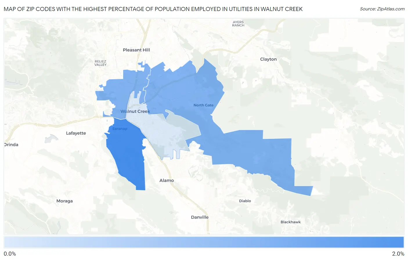 Zip Codes with the Highest Percentage of Population Employed in Utilities in Walnut Creek Map