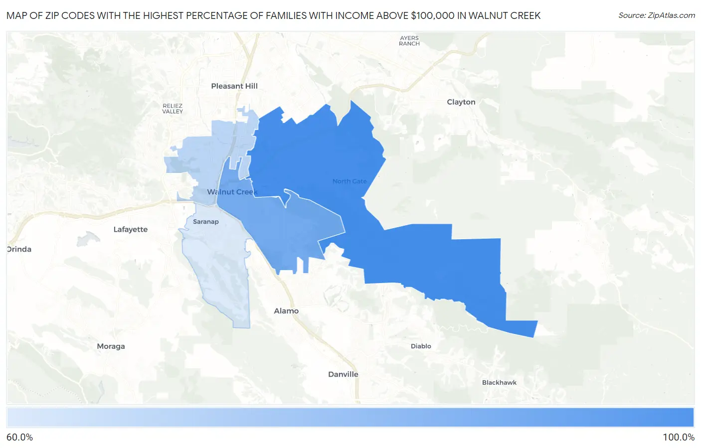 Zip Codes with the Highest Percentage of Families with Income Above $100,000 in Walnut Creek Map
