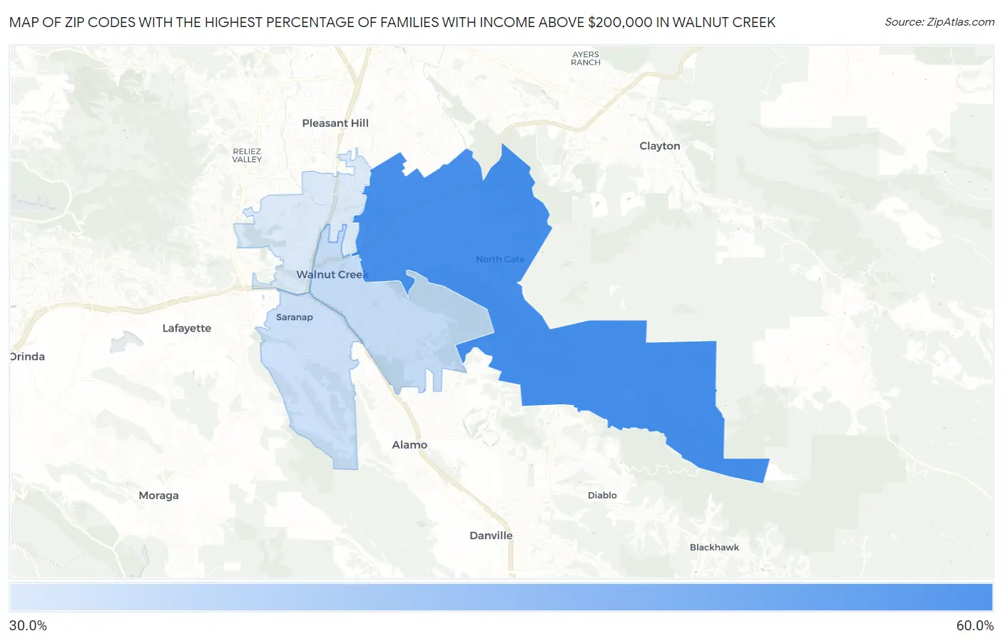 Zip Codes with the Highest Percentage of Families with Income Above $200,000 in Walnut Creek Map