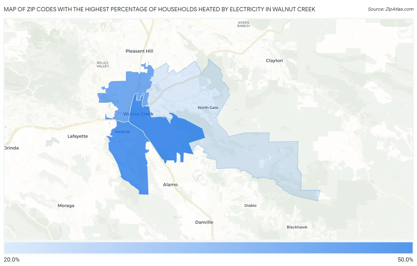 Zip Codes with the Highest Percentage of Households Heated by Electricity in Walnut Creek Map