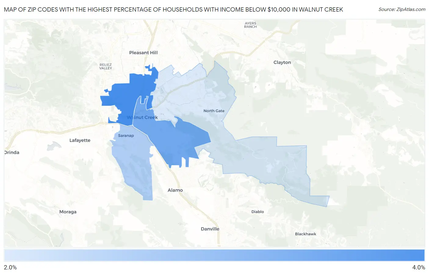 Zip Codes with the Highest Percentage of Households with Income Below $10,000 in Walnut Creek Map