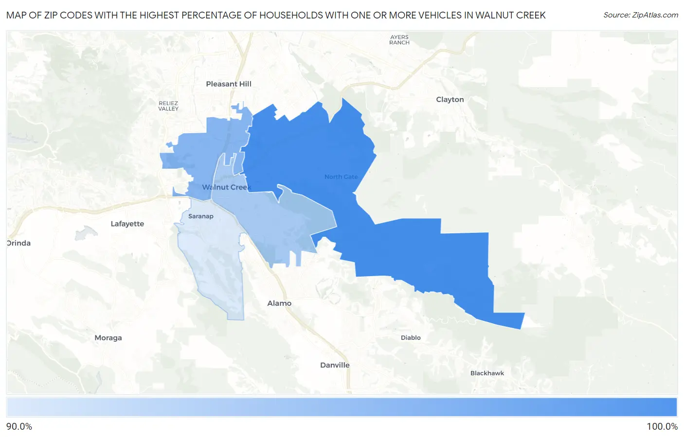 Zip Codes with the Highest Percentage of Households With One or more Vehicles in Walnut Creek Map