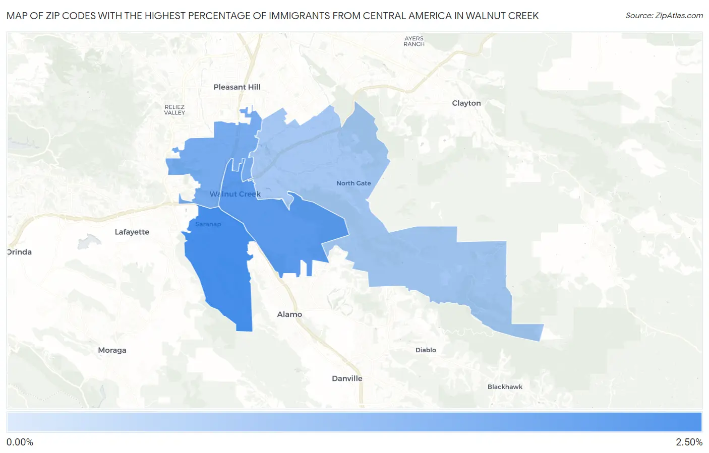 Zip Codes with the Highest Percentage of Immigrants from Central America in Walnut Creek Map