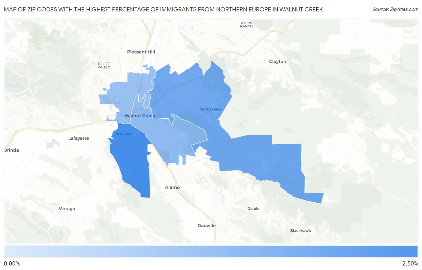 Zip Codes with the Highest Percentage of Immigrants from Northern Europe in Walnut Creek Map