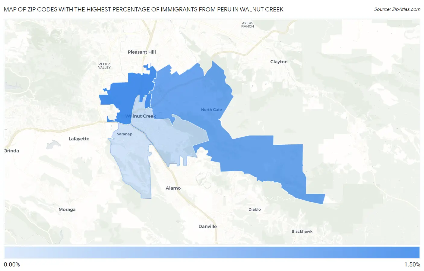 Zip Codes with the Highest Percentage of Immigrants from Peru in Walnut Creek Map