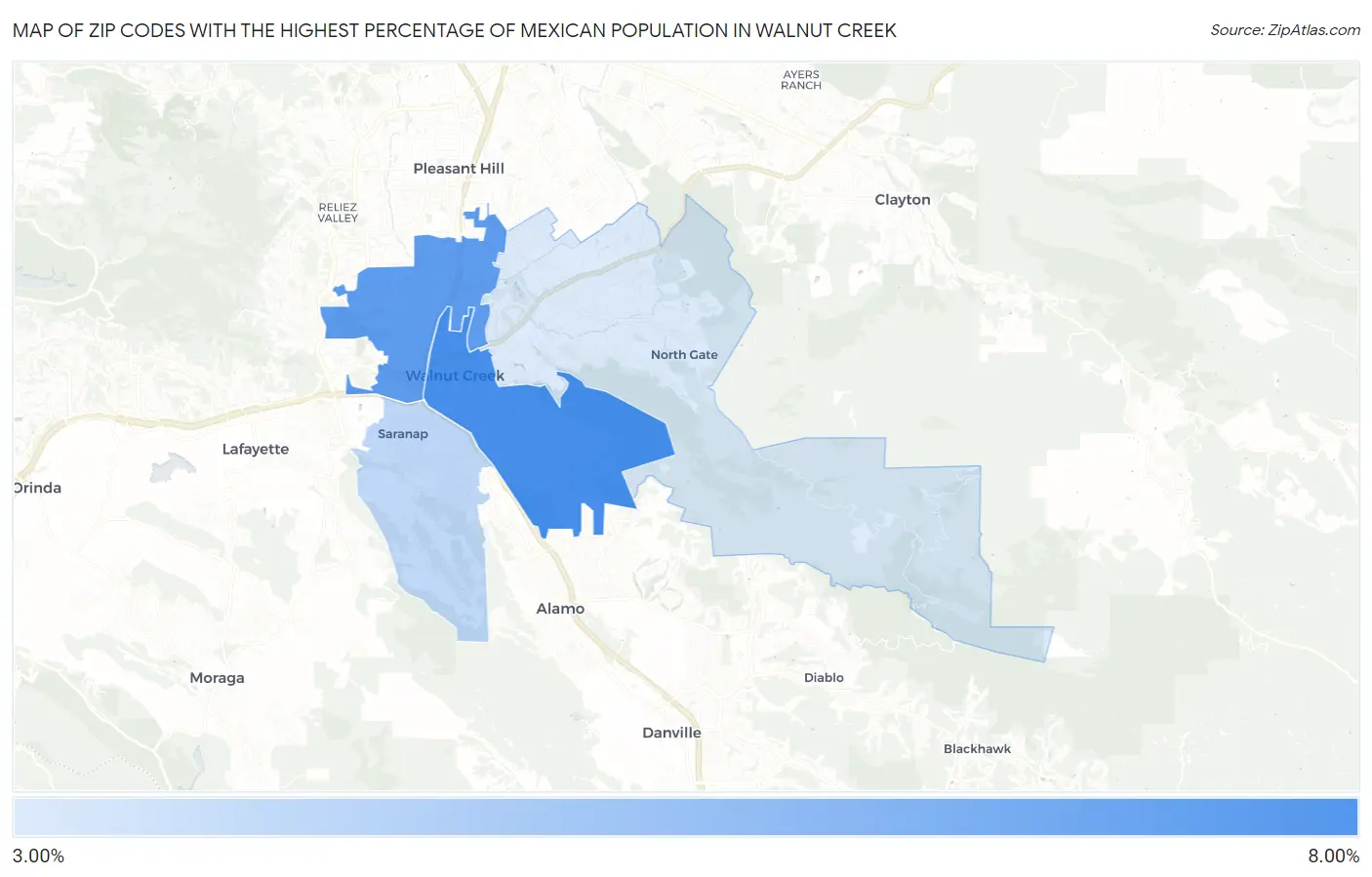 Zip Codes with the Highest Percentage of Mexican Population in Walnut Creek Map