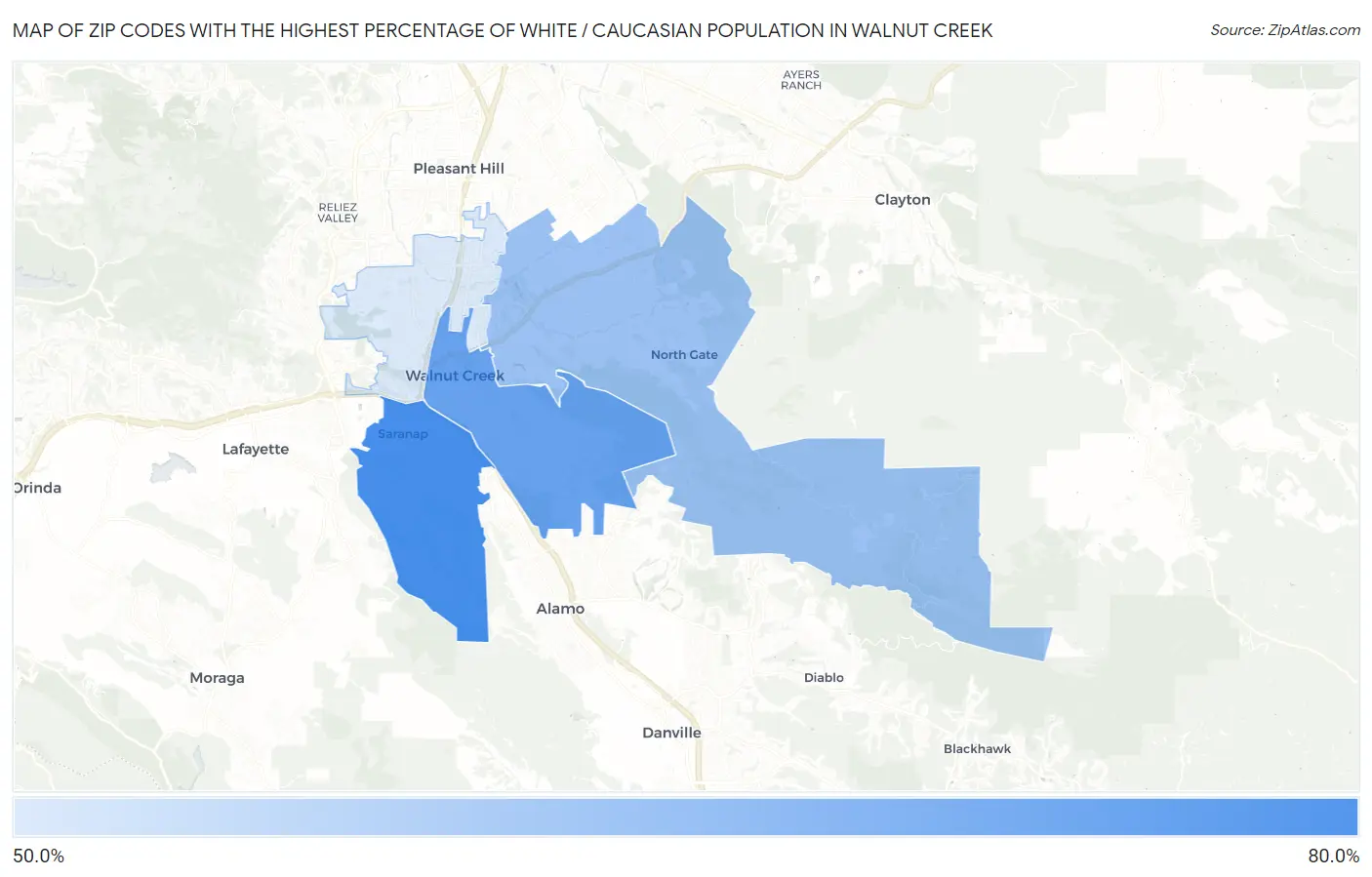 Zip Codes with the Highest Percentage of White / Caucasian Population in Walnut Creek Map