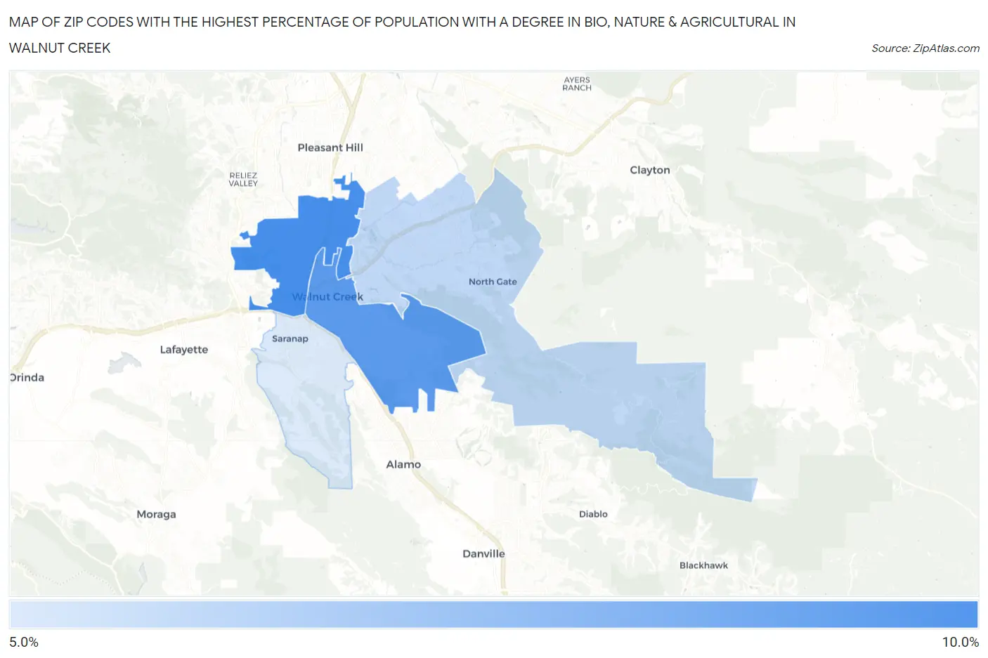 Zip Codes with the Highest Percentage of Population with a Degree in Bio, Nature & Agricultural in Walnut Creek Map
