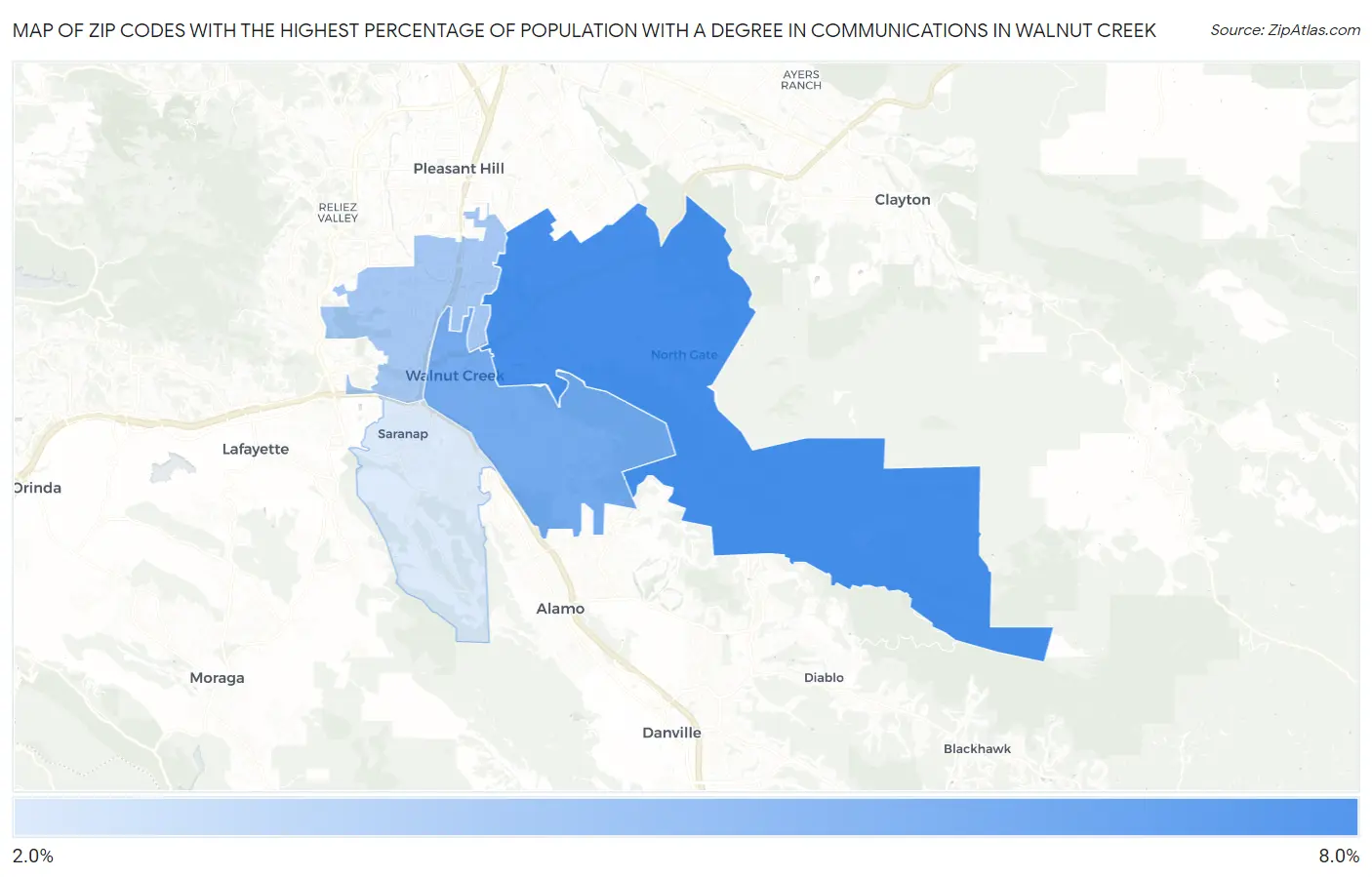Zip Codes with the Highest Percentage of Population with a Degree in Communications in Walnut Creek Map