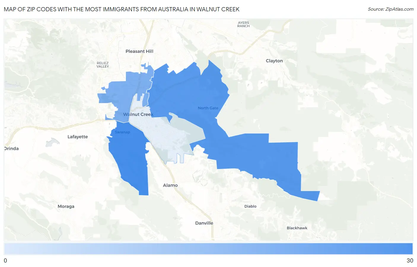 Zip Codes with the Most Immigrants from Australia in Walnut Creek Map