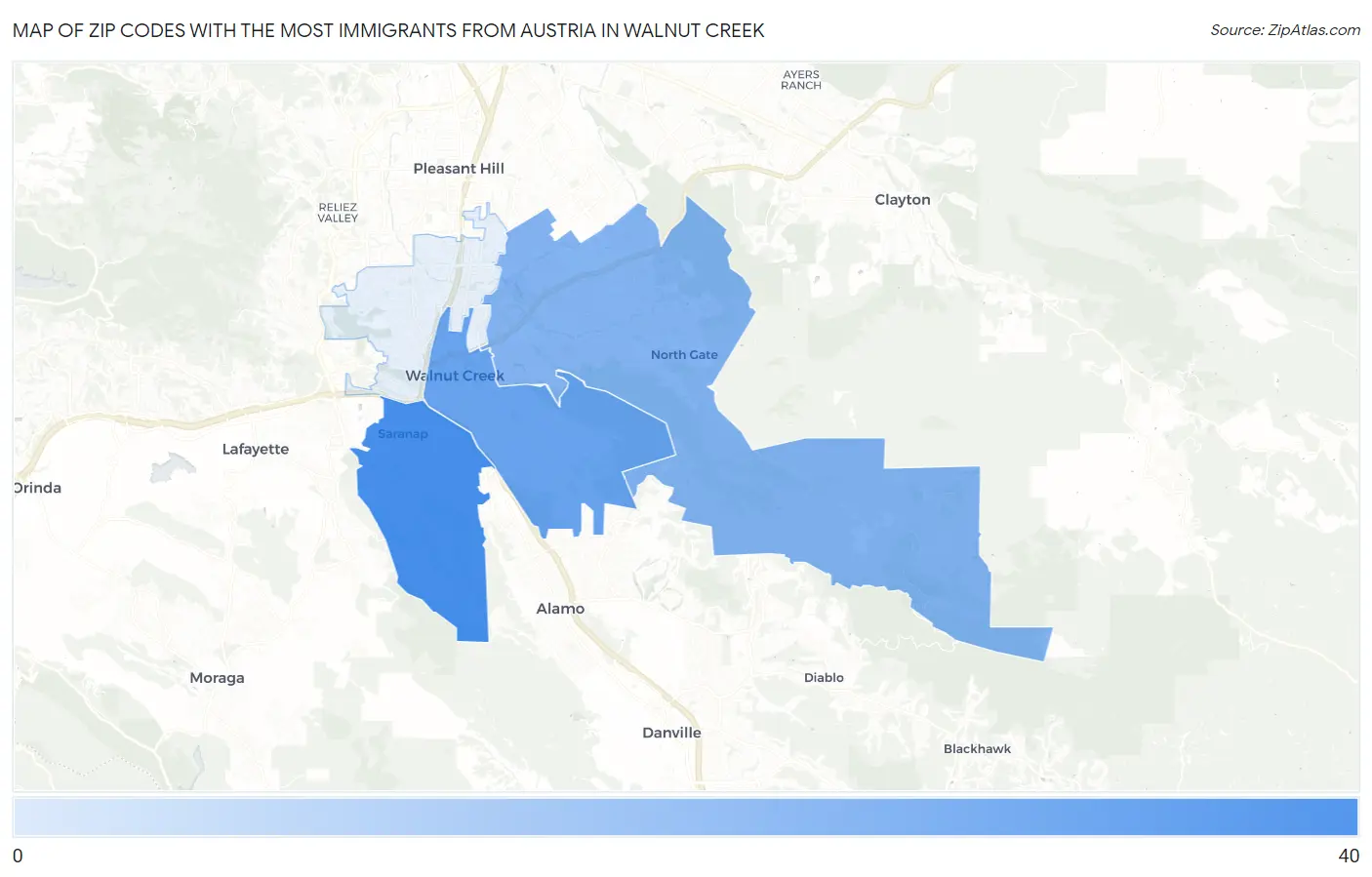 Zip Codes with the Most Immigrants from Austria in Walnut Creek Map