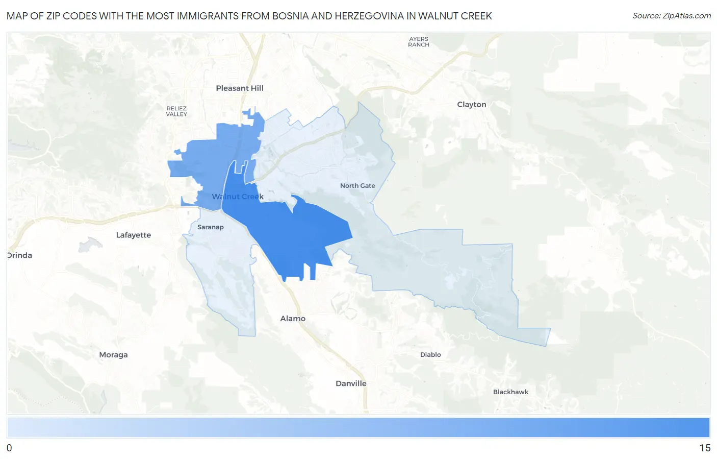 Zip Codes with the Most Immigrants from Bosnia and Herzegovina in Walnut Creek Map