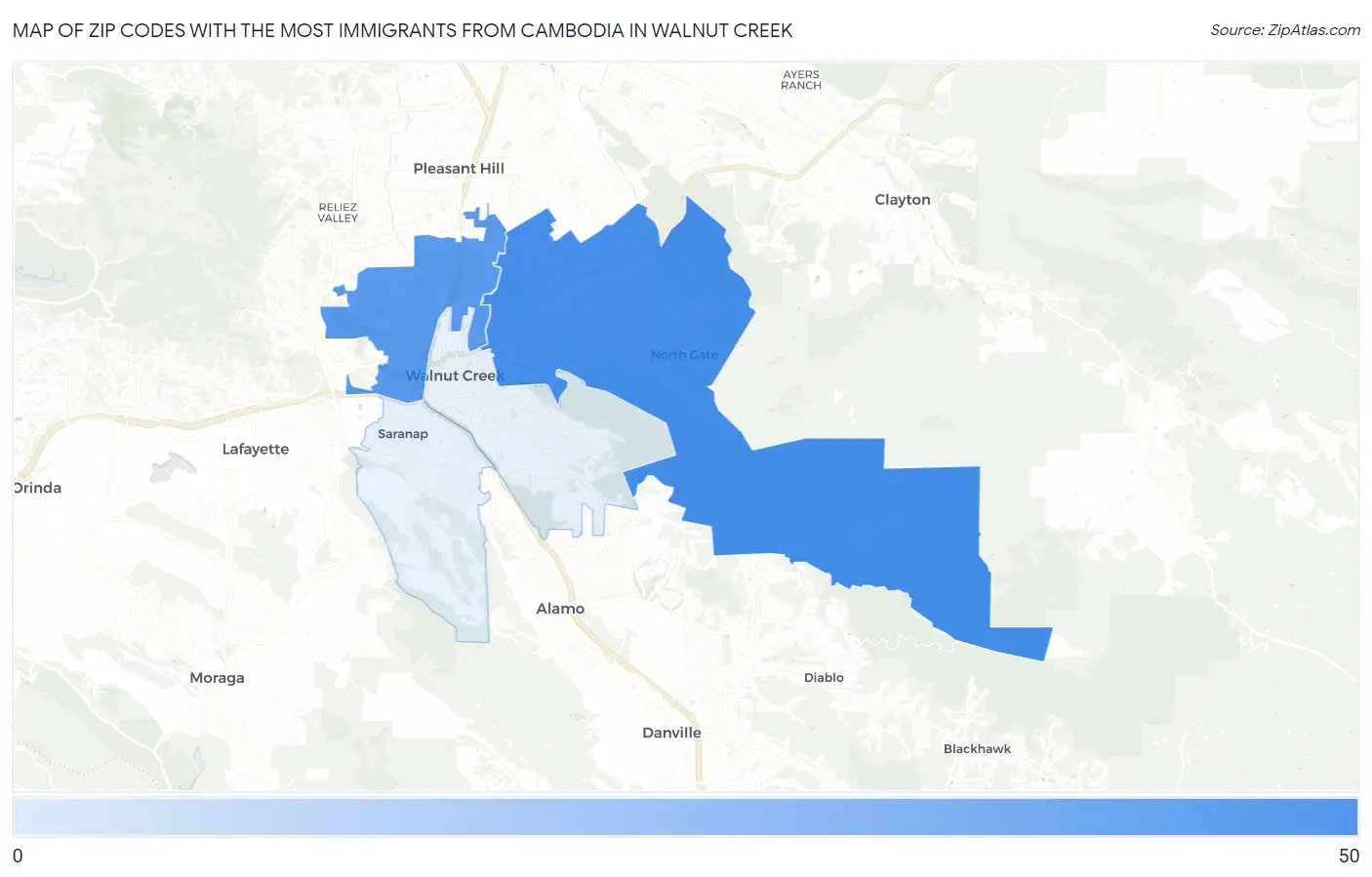 Zip Codes with the Most Immigrants from Cambodia in Walnut Creek Map