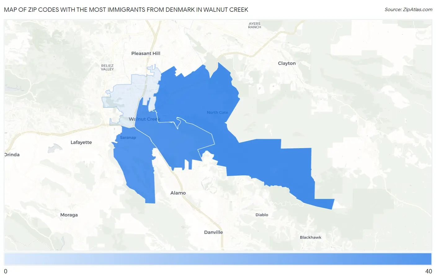 Zip Codes with the Most Immigrants from Denmark in Walnut Creek Map