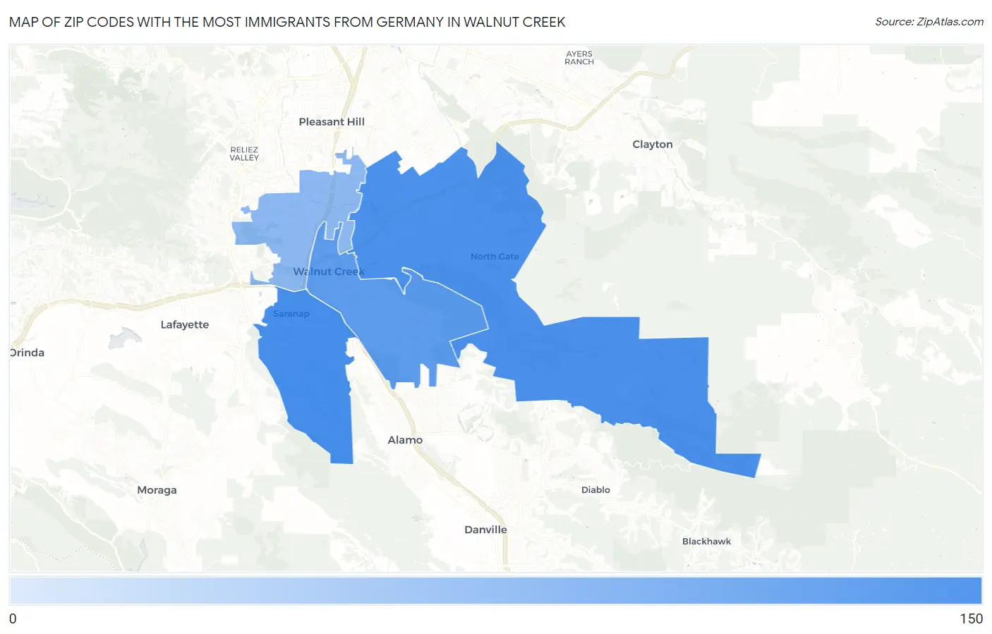 Zip Codes with the Most Immigrants from Germany in Walnut Creek Map