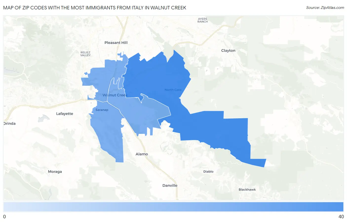 Zip Codes with the Most Immigrants from Italy in Walnut Creek Map