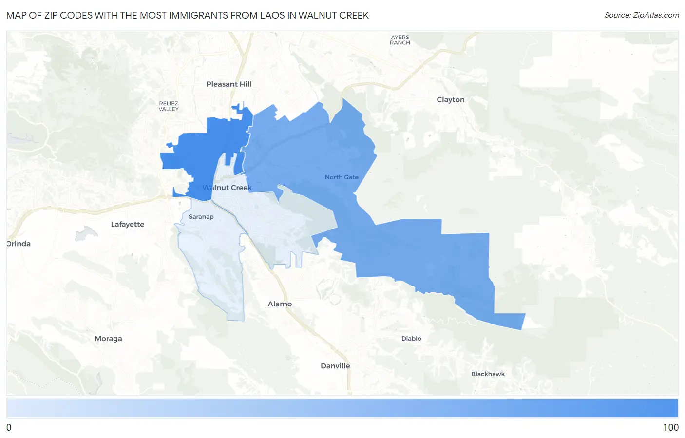 Zip Codes with the Most Immigrants from Laos in Walnut Creek Map