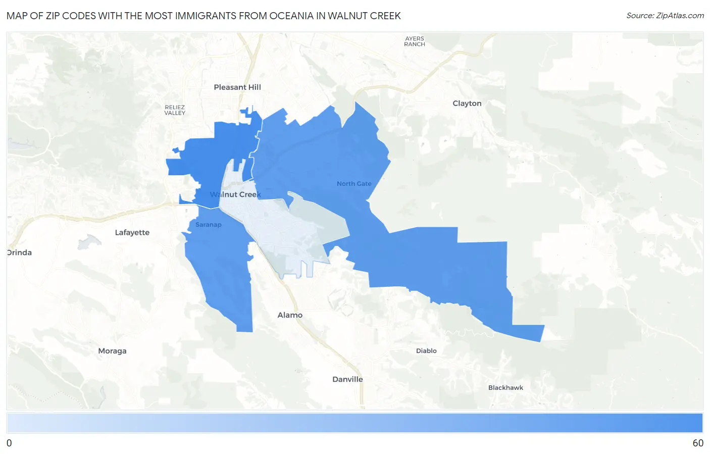 Zip Codes with the Most Immigrants from Oceania in Walnut Creek Map