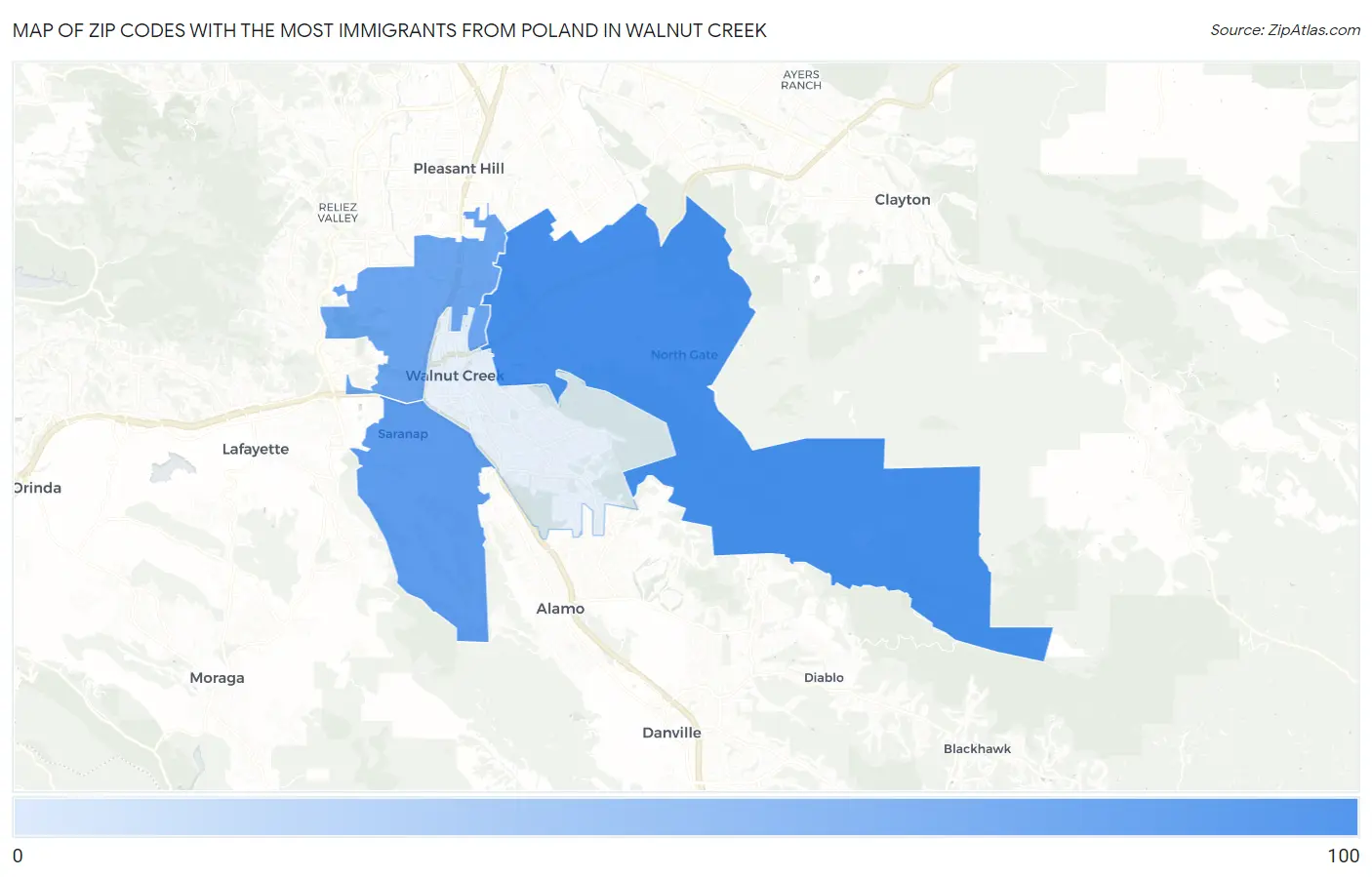 Zip Codes with the Most Immigrants from Poland in Walnut Creek Map