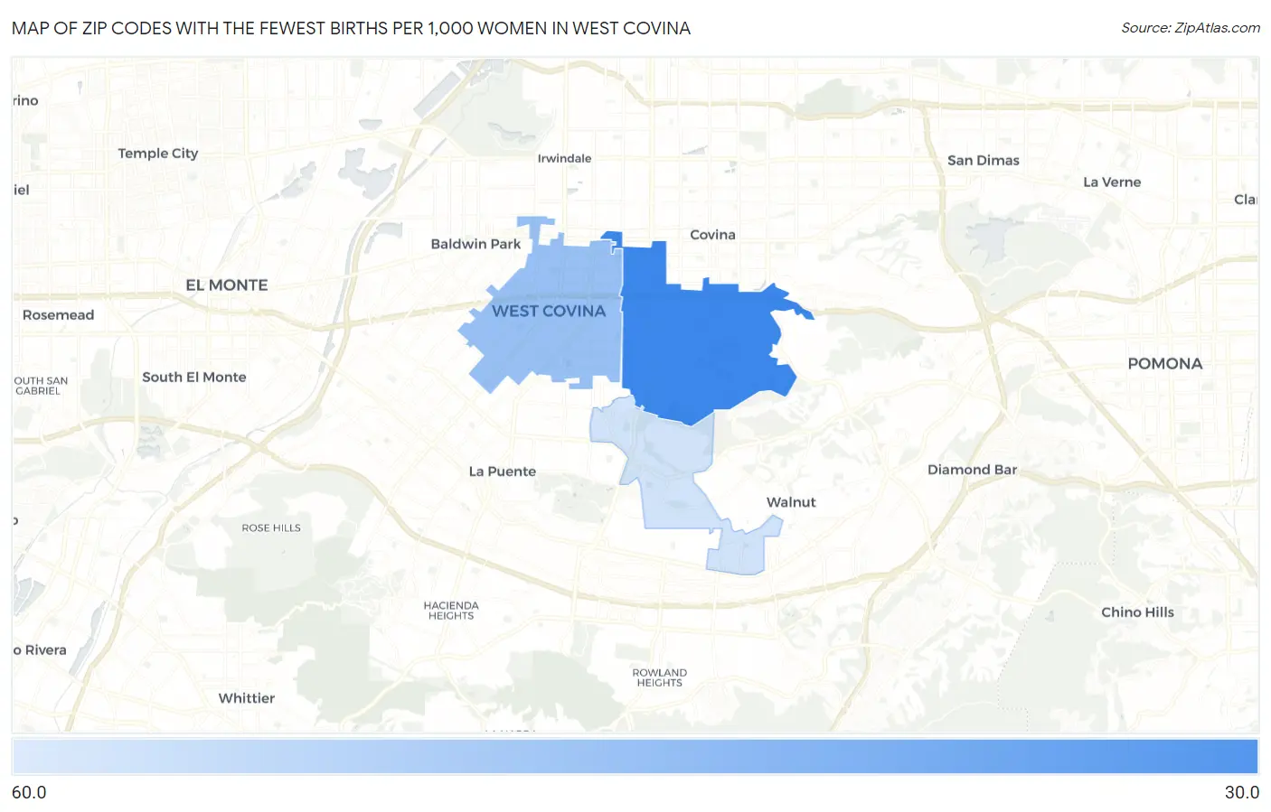 Zip Codes with the Fewest Births per 1,000 Women in West Covina Map