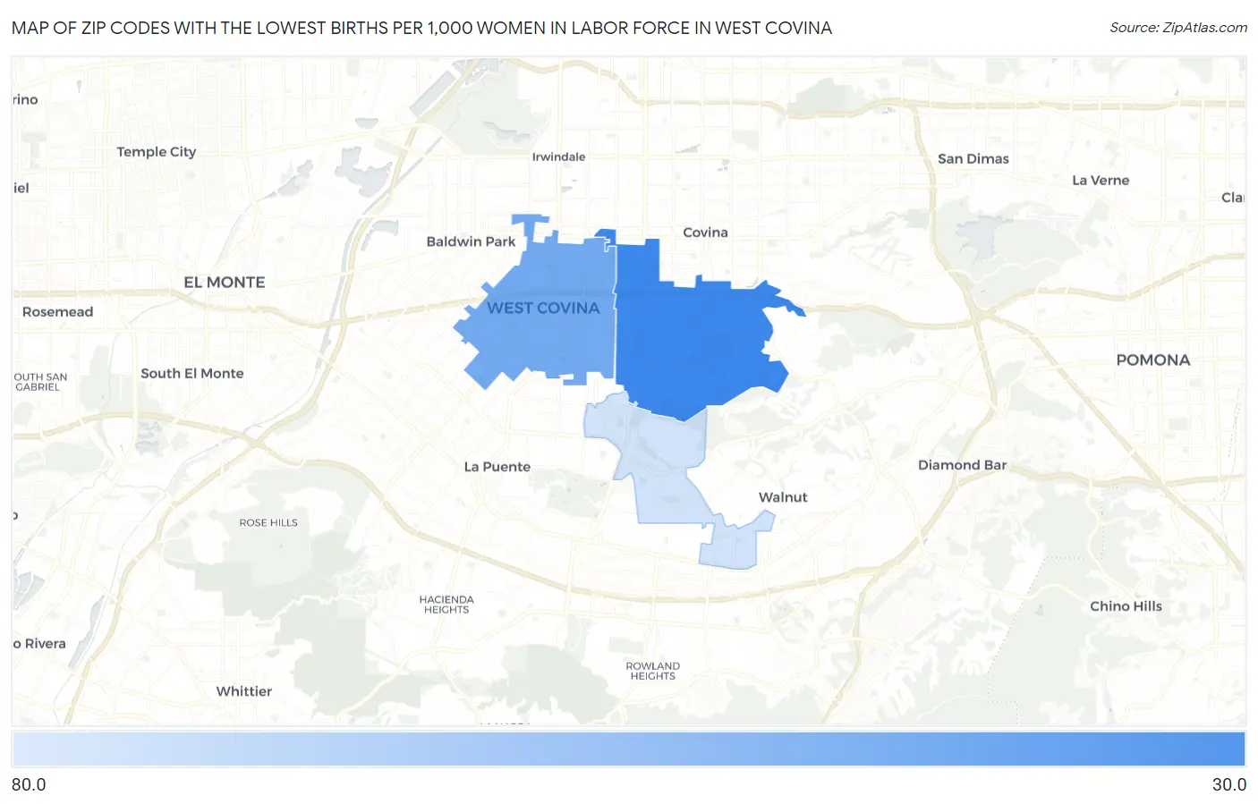 Zip Codes with the Lowest Births per 1,000 Women in Labor Force in West Covina Map