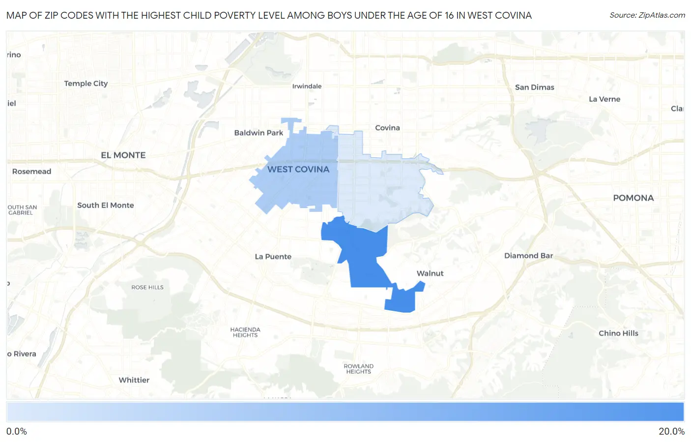 Zip Codes with the Highest Child Poverty Level Among Boys Under the Age of 16 in West Covina Map