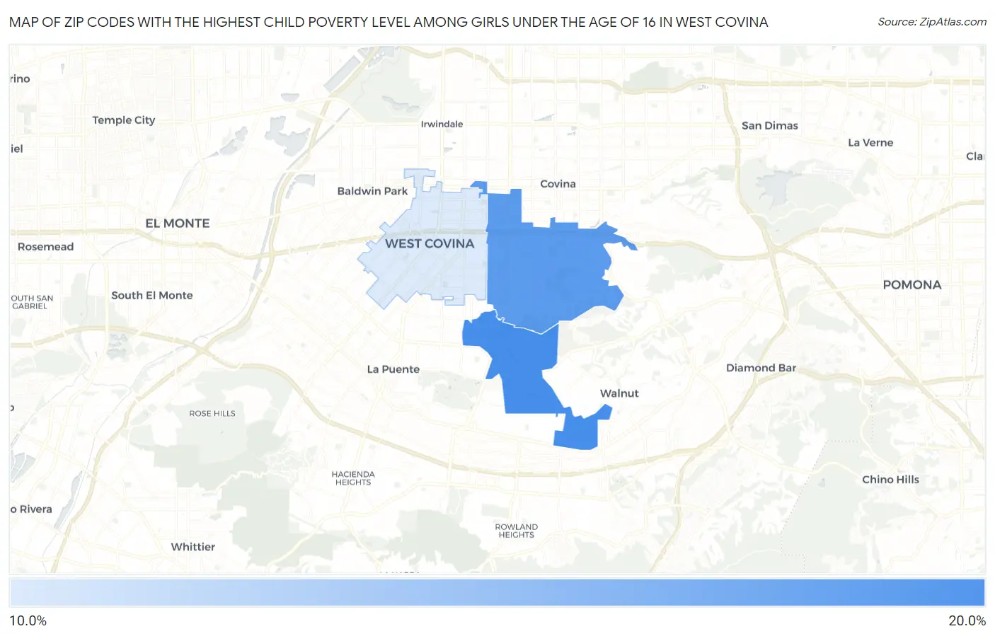 Zip Codes with the Highest Child Poverty Level Among Girls Under the Age of 16 in West Covina Map