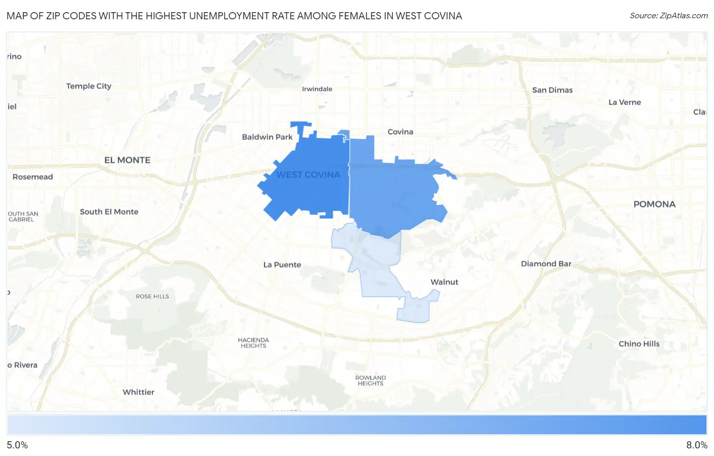Zip Codes with the Highest Unemployment Rate Among Females in West Covina Map