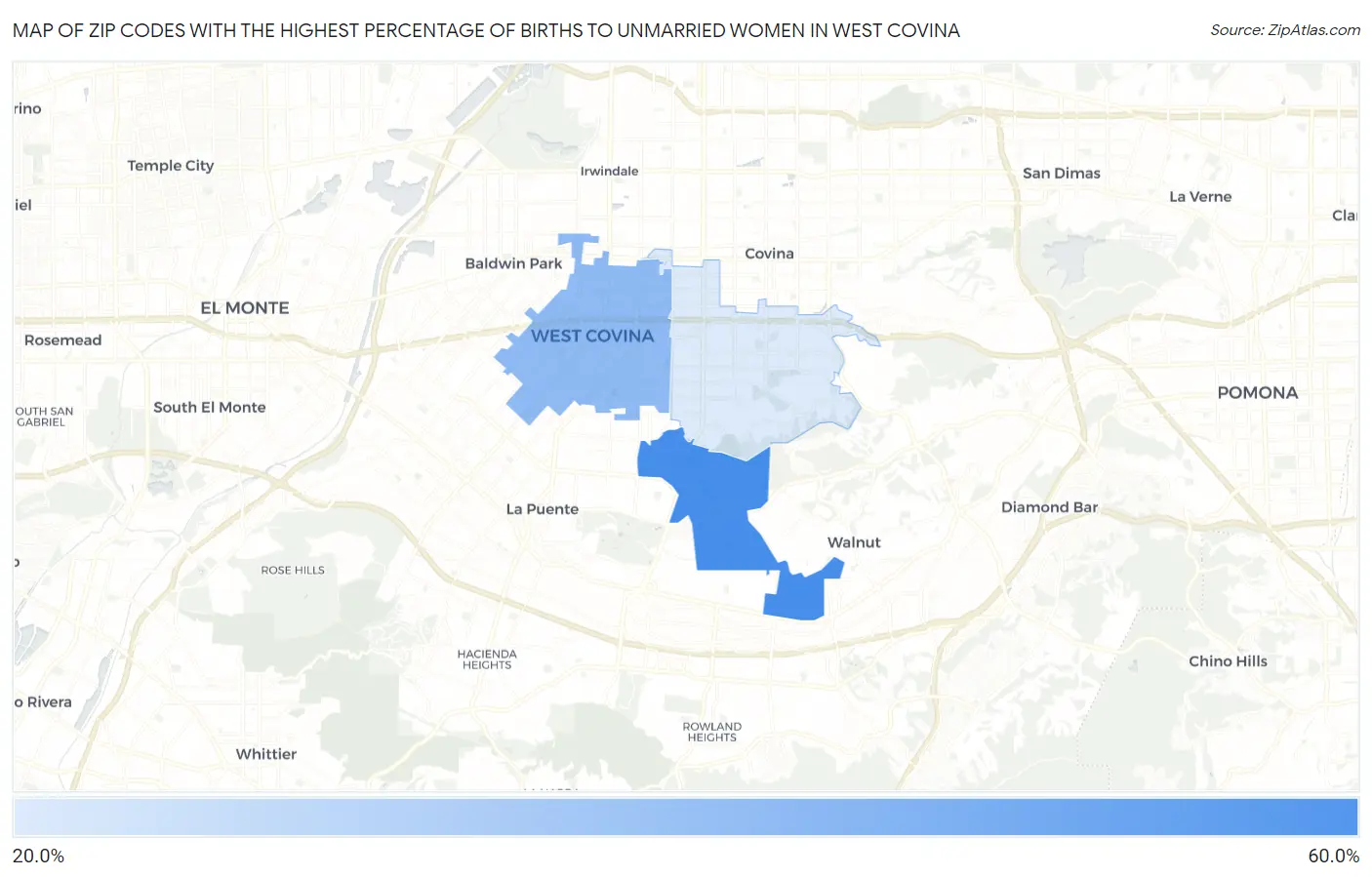 Zip Codes with the Highest Percentage of Births to Unmarried Women in West Covina Map