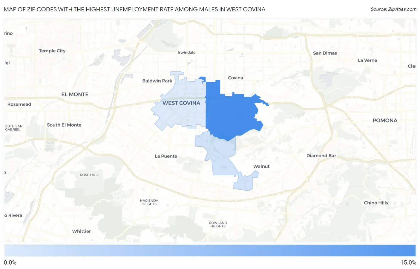 Zip Codes with the Highest Unemployment Rate Among Males in West Covina Map
