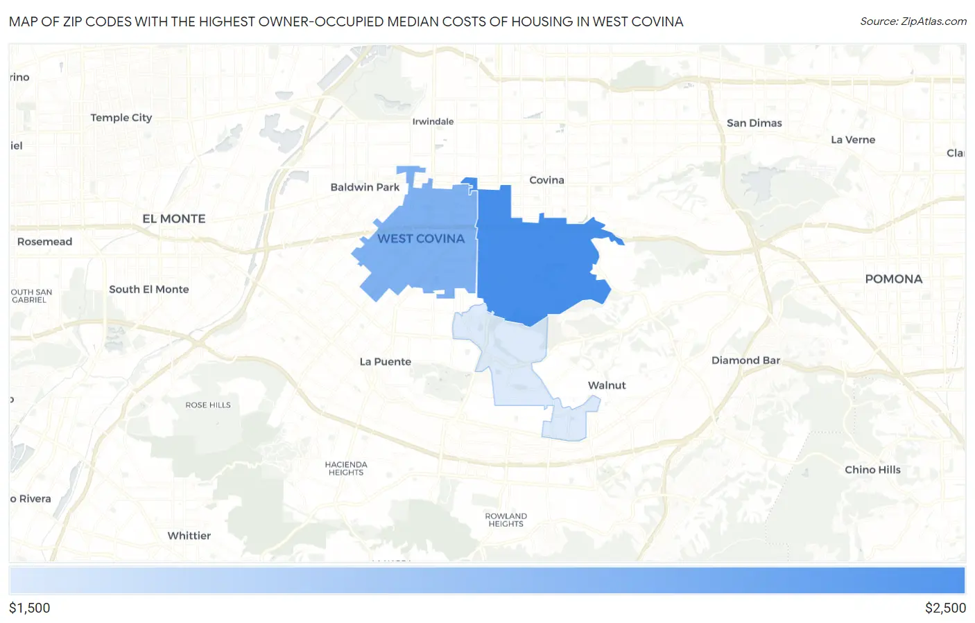 Zip Codes with the Highest Owner-Occupied Median Costs of Housing in West Covina Map