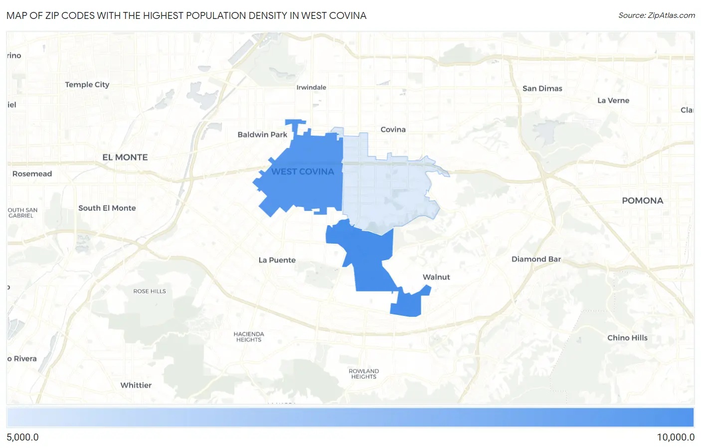 Zip Codes with the Highest Population Density in West Covina Map