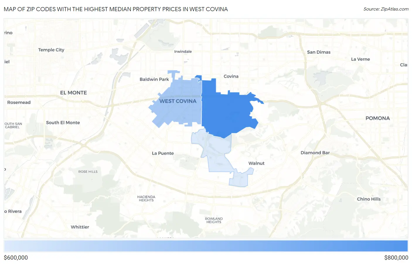 Zip Codes with the Highest Median Property Prices in West Covina Map