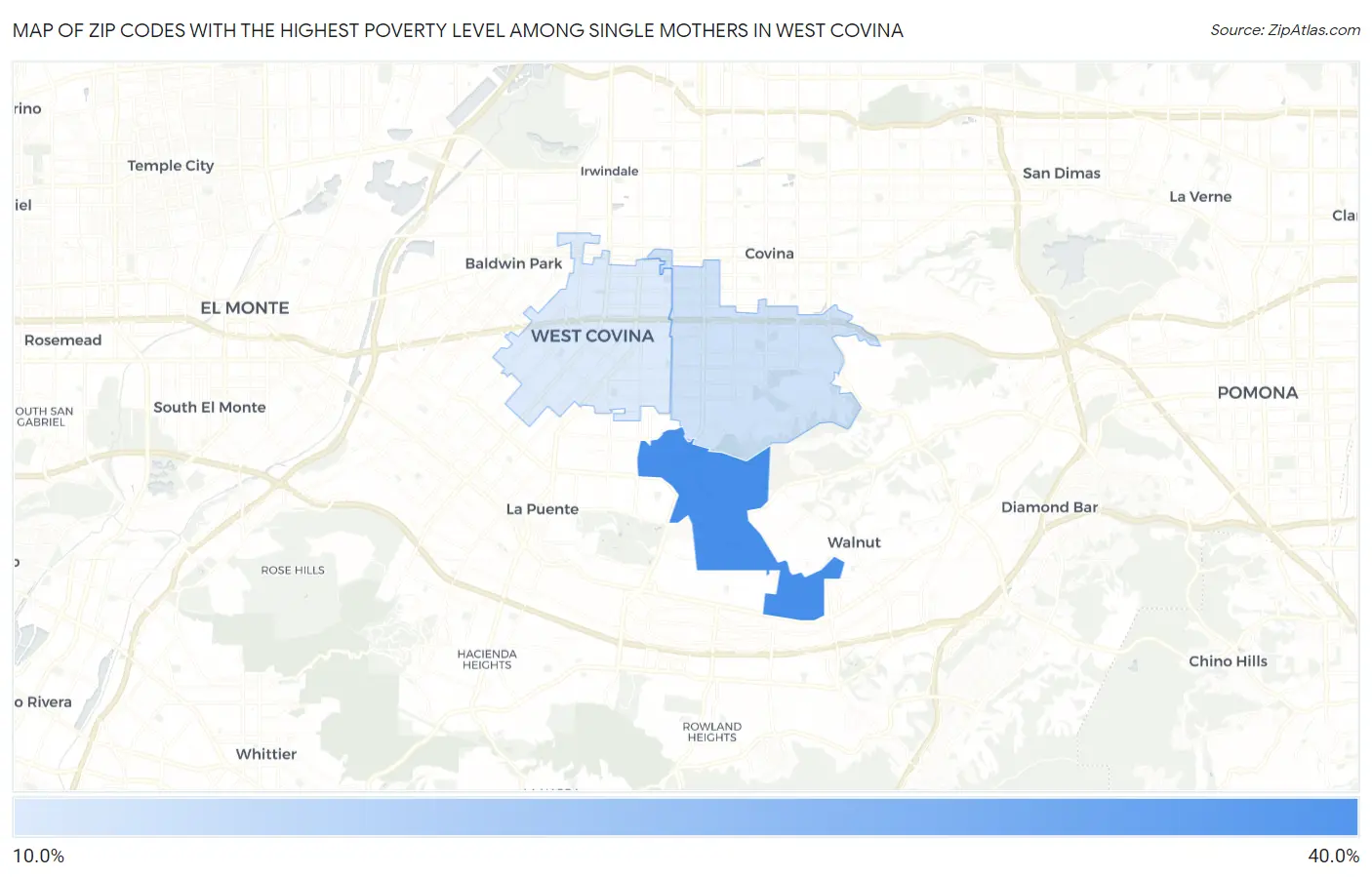 Zip Codes with the Highest Poverty Level Among Single Mothers in West Covina Map