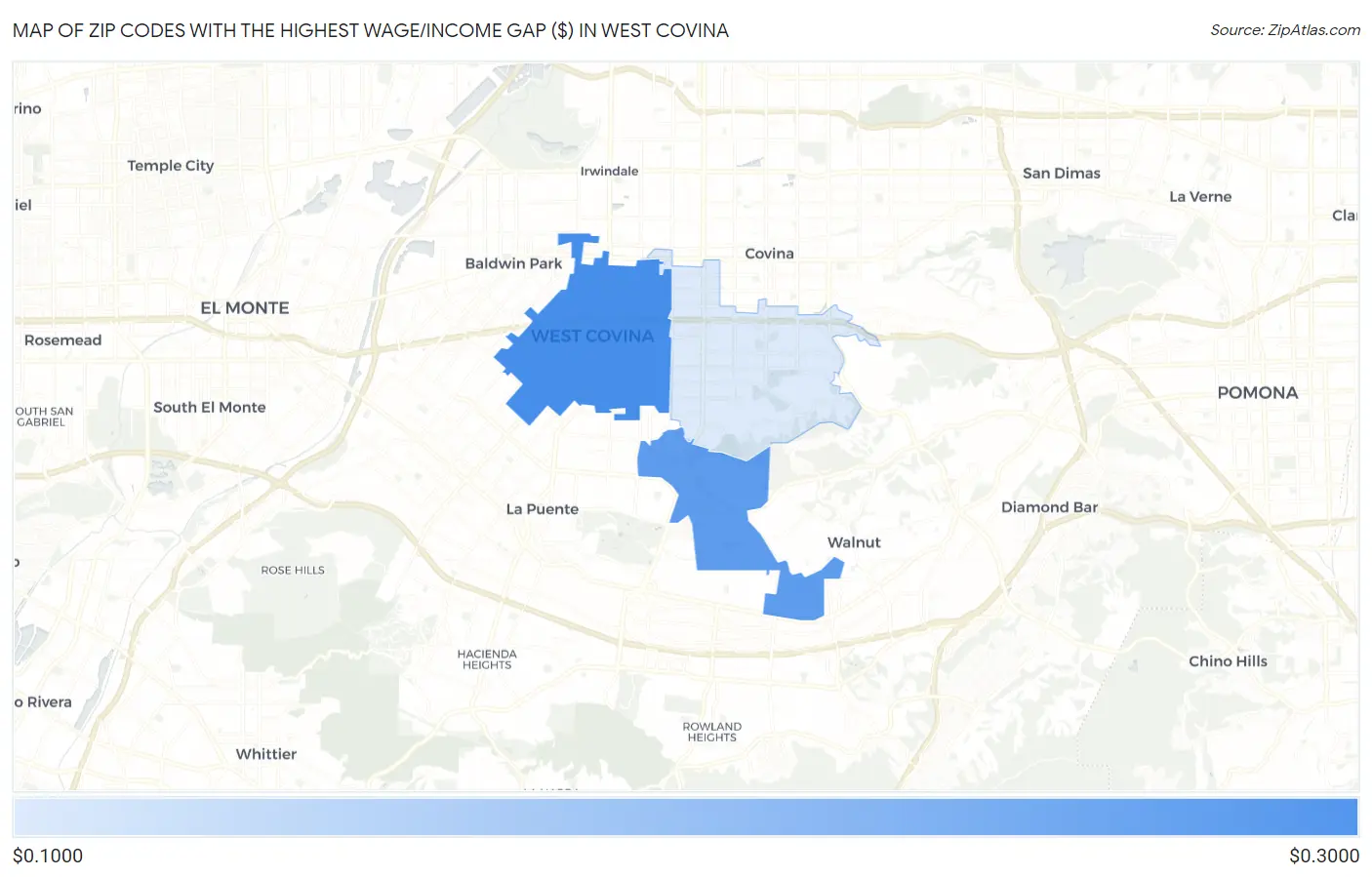 Zip Codes with the Highest Wage/Income Gap ($) in West Covina Map