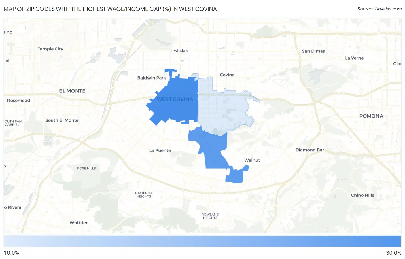 Zip Codes with the Highest Wage/Income Gap (%) in West Covina Map