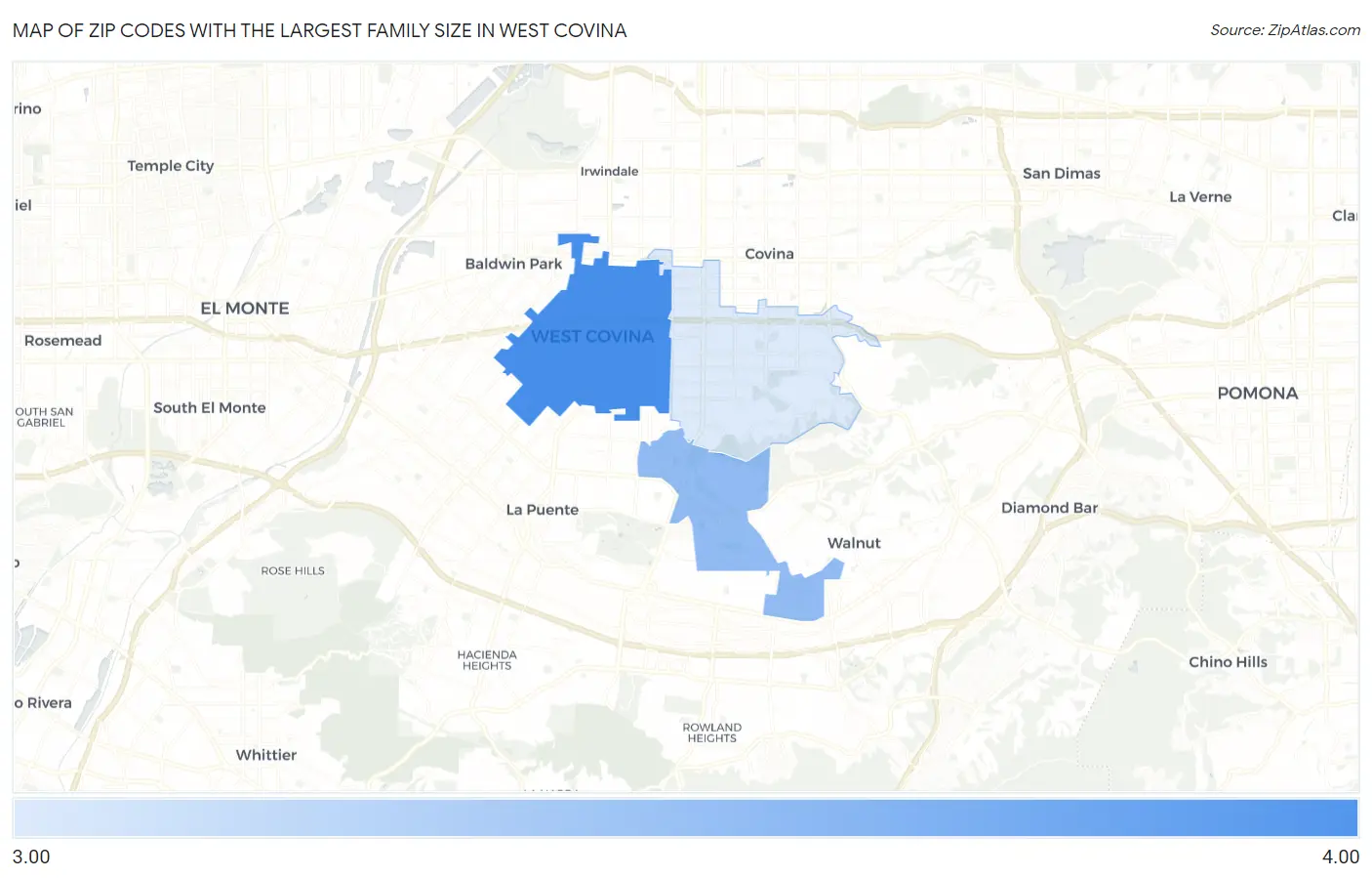 Zip Codes with the Largest Family Size in West Covina Map
