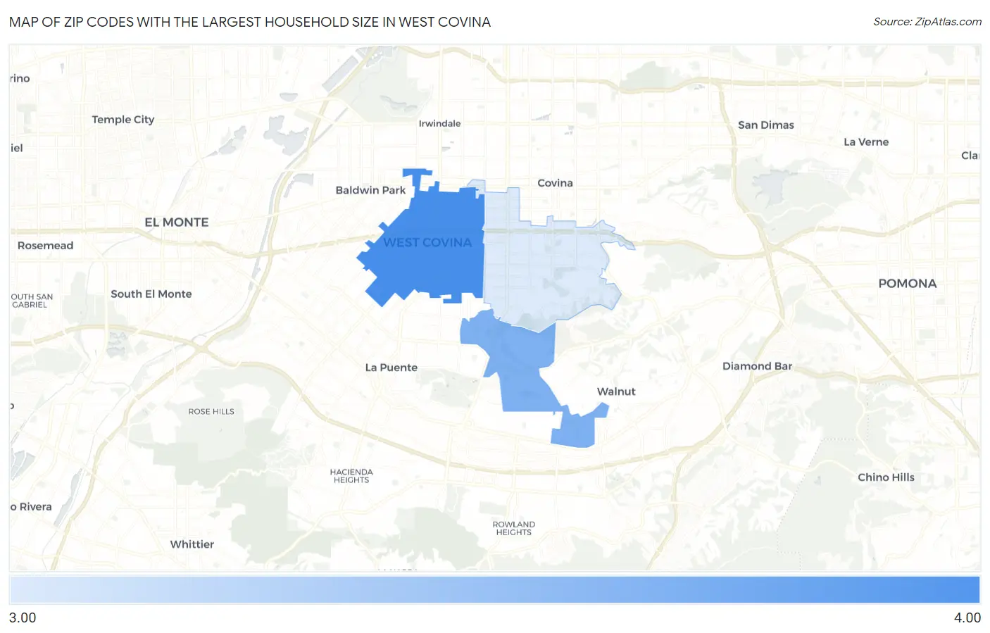 Zip Codes with the Largest Household Size in West Covina Map