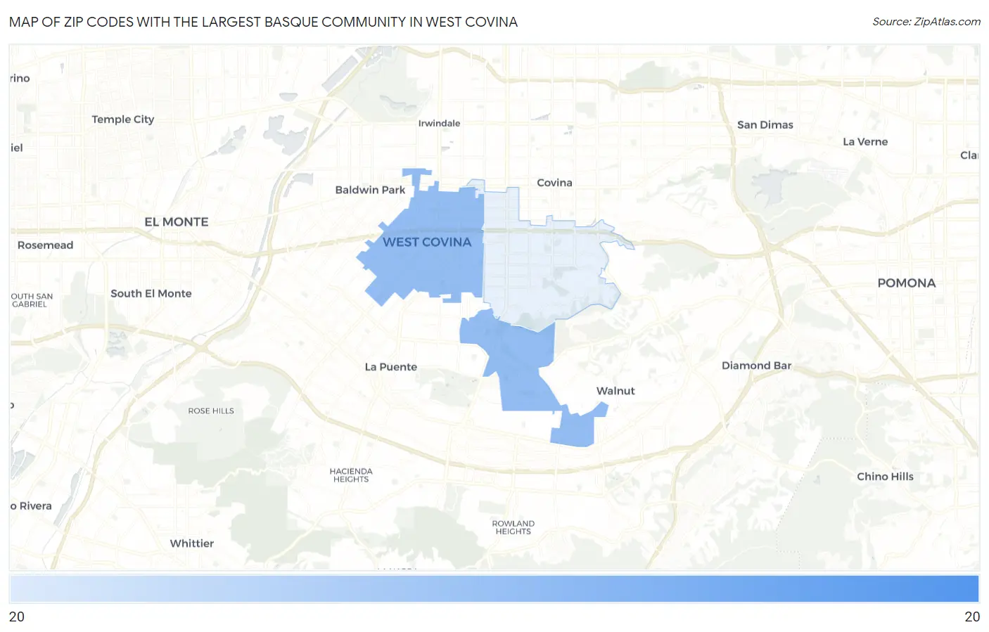 Zip Codes with the Largest Basque Community in West Covina Map