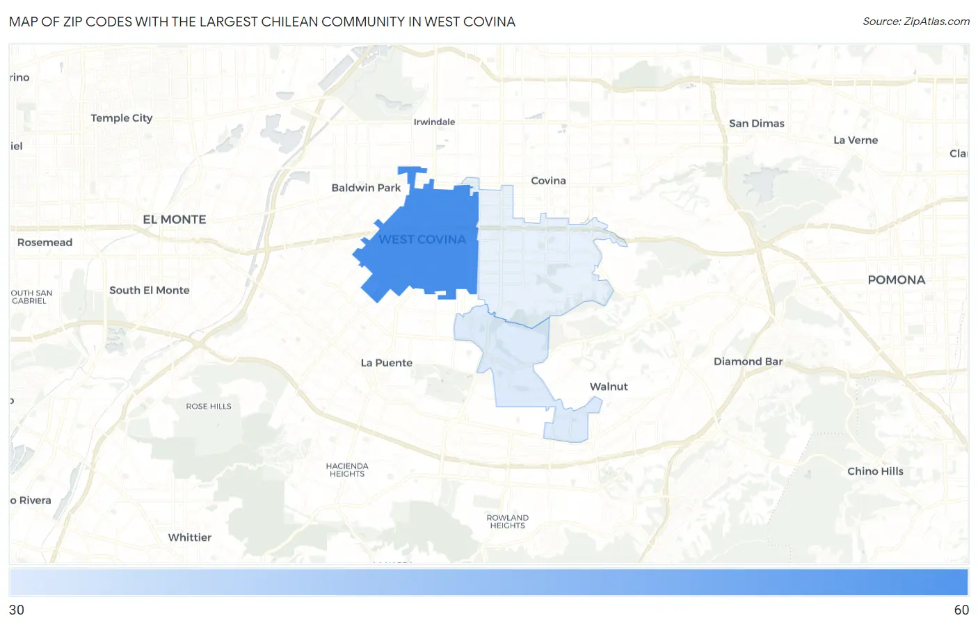 Zip Codes with the Largest Chilean Community in West Covina Map