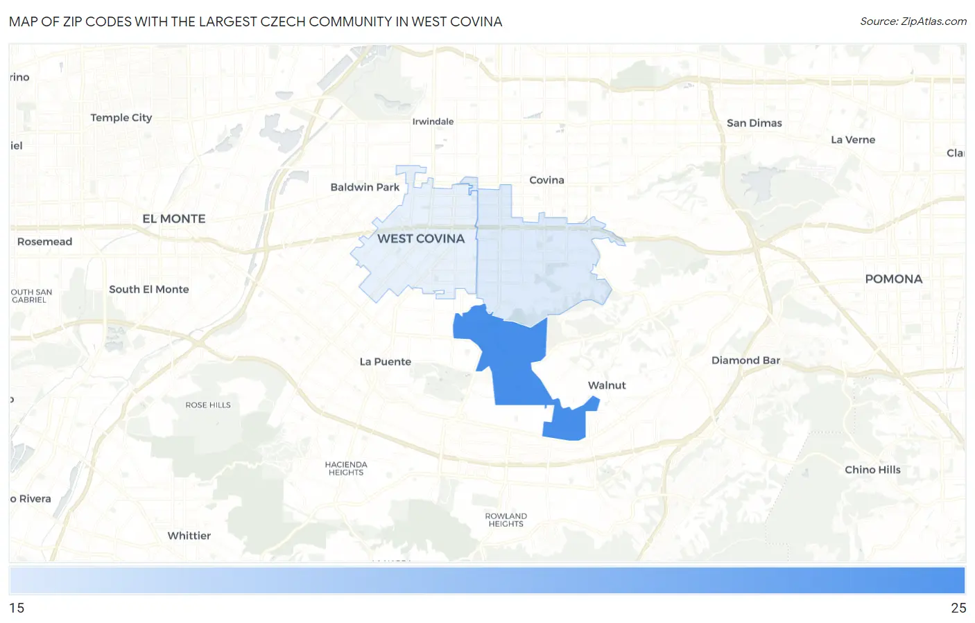 Zip Codes with the Largest Czech Community in West Covina Map