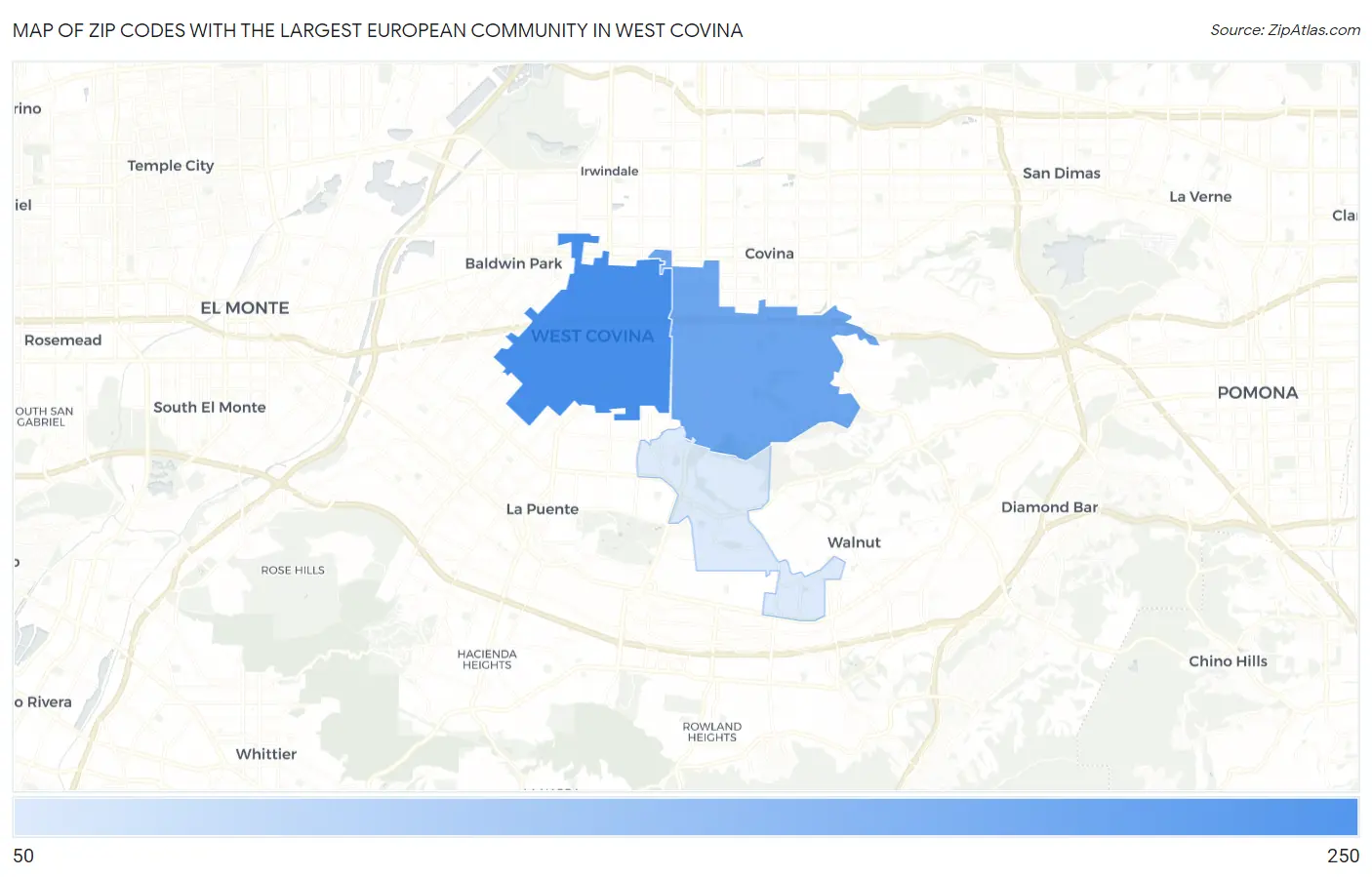 Zip Codes with the Largest European Community in West Covina Map