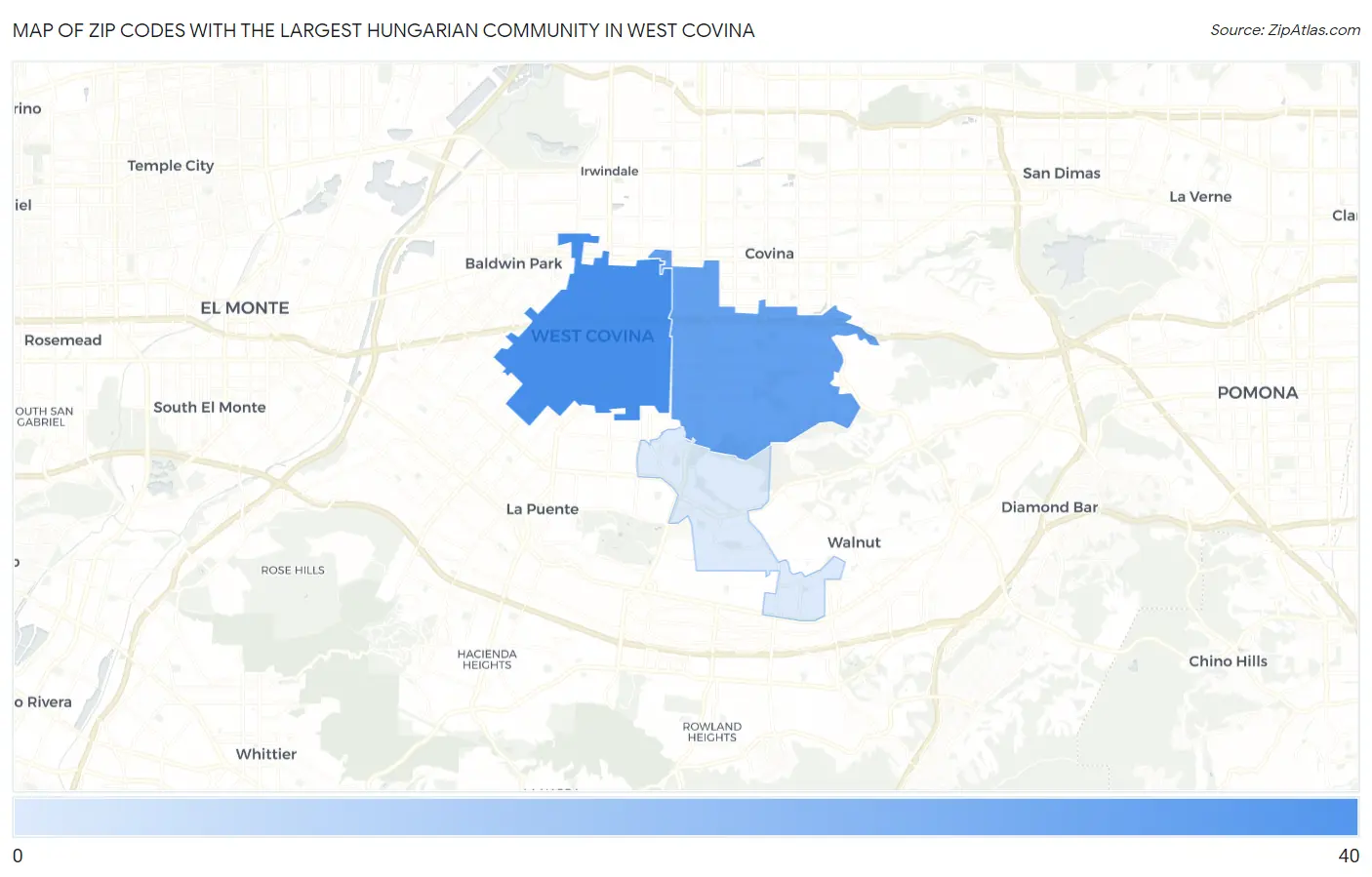 Zip Codes with the Largest Hungarian Community in West Covina Map