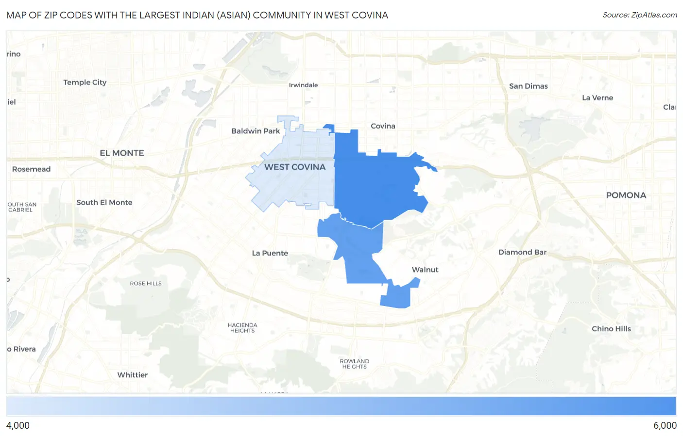 Zip Codes with the Largest Indian (Asian) Community in West Covina Map