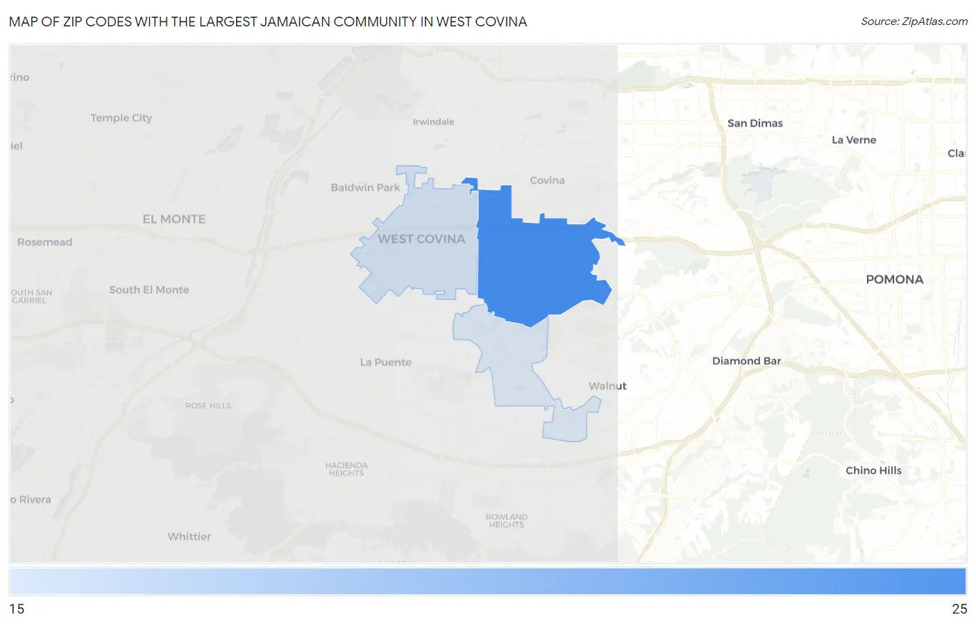 Zip Codes with the Largest Jamaican Community in West Covina Map