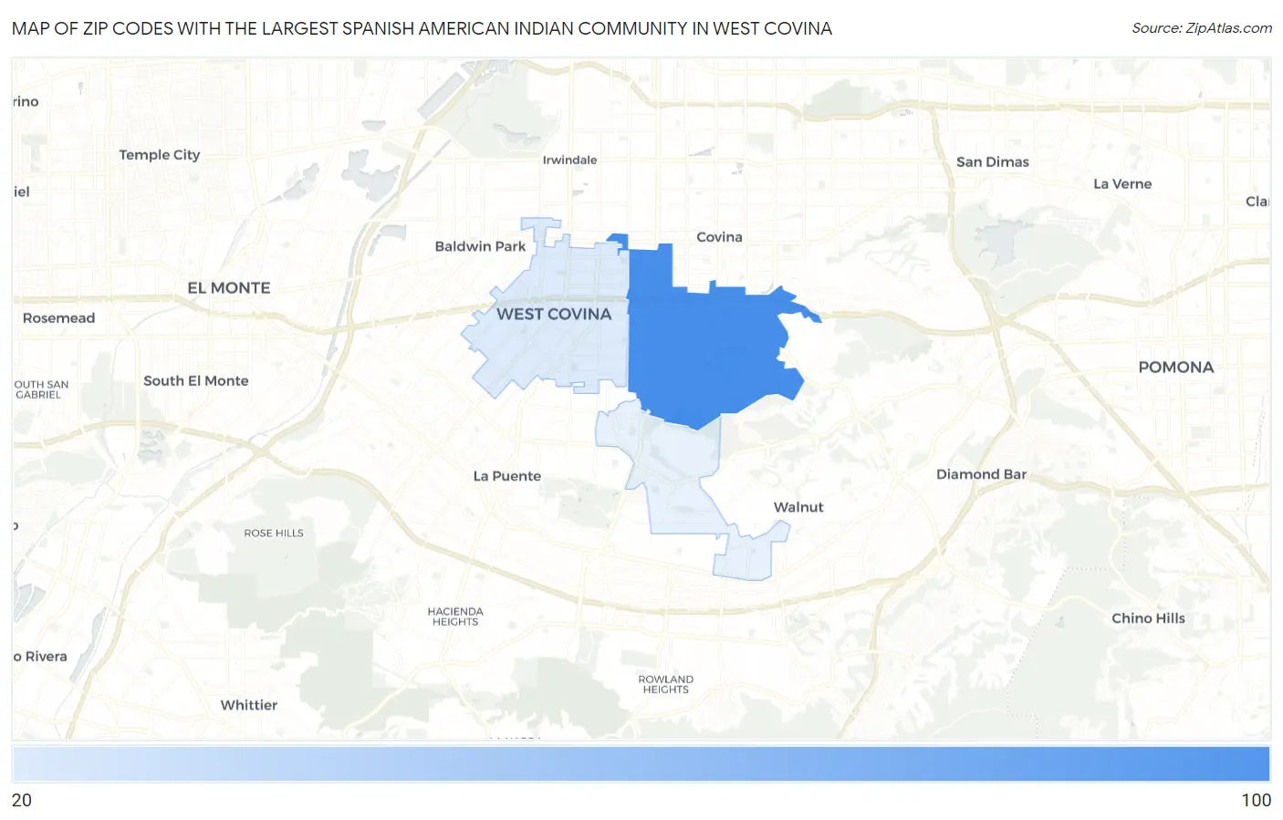 Zip Codes with the Largest Spanish American Indian Community in West Covina Map