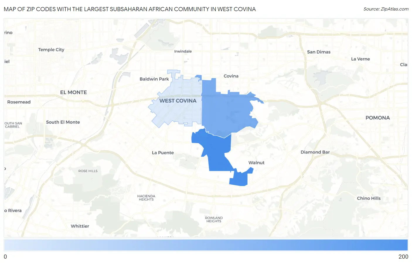 Zip Codes with the Largest Subsaharan African Community in West Covina Map