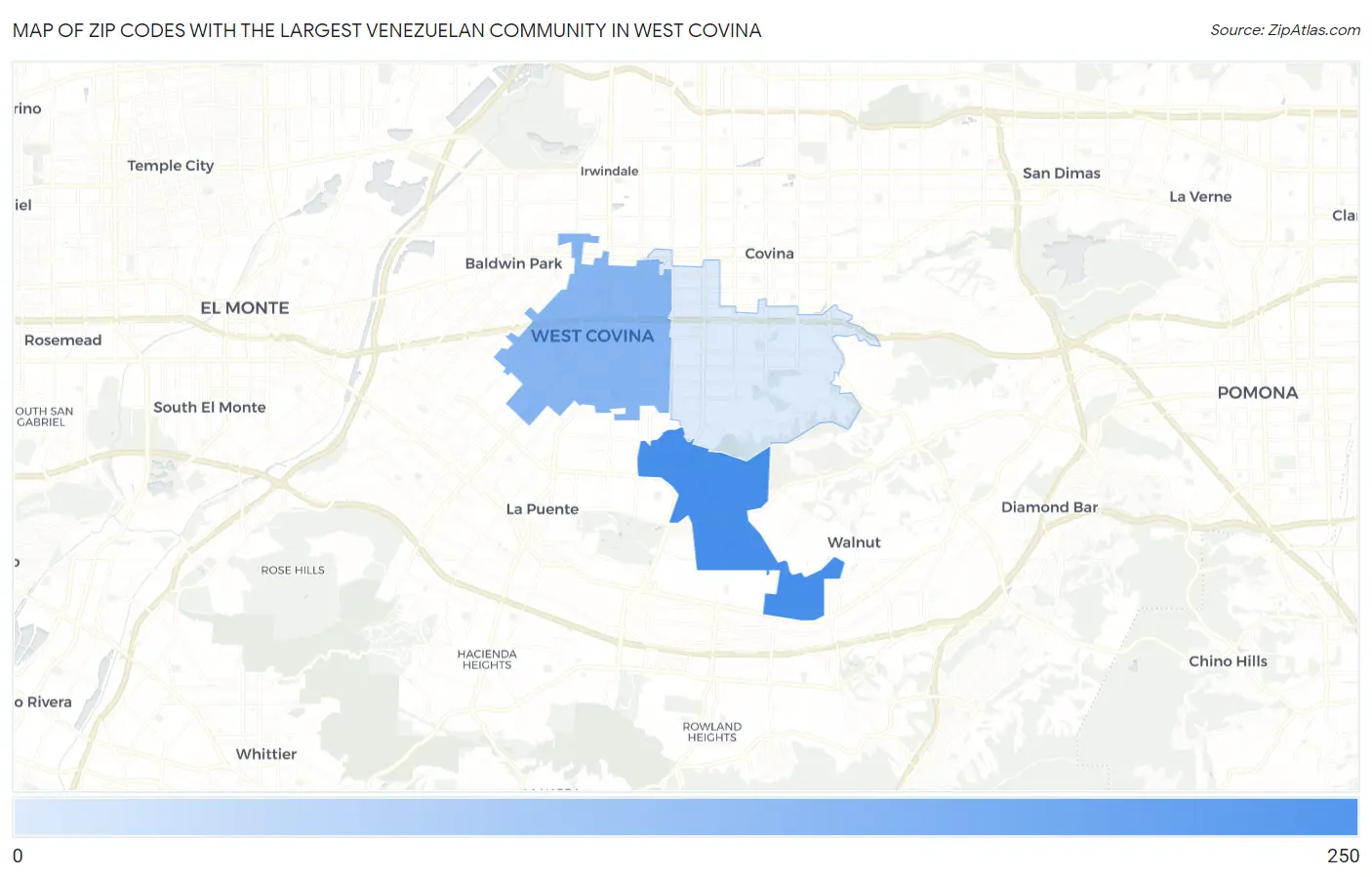 Zip Codes with the Largest Venezuelan Community in West Covina Map